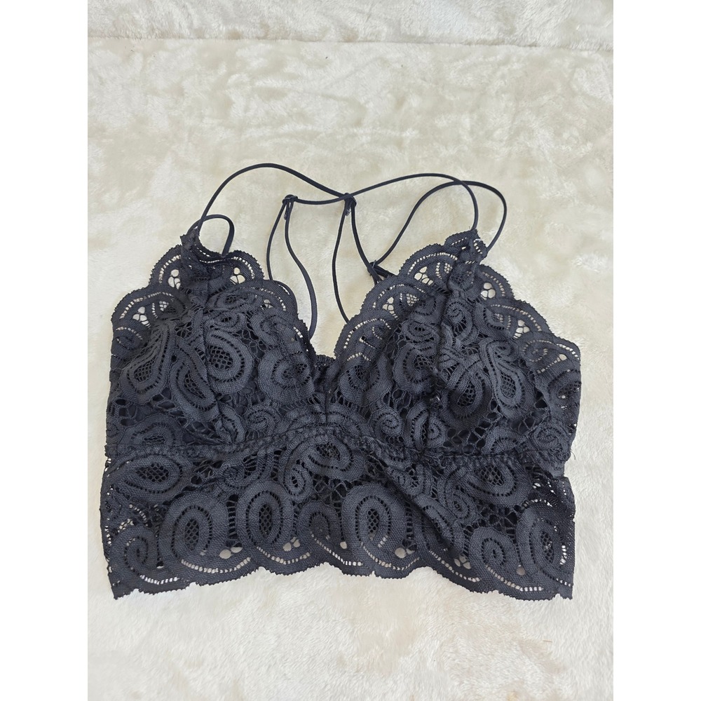 Victorias Secret PINK Black Floral Lace Strappy Back Bralette Smocked Large